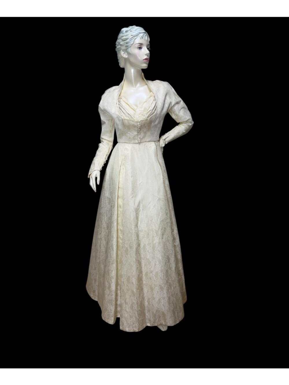 Mid-Century 50s Cream Damask Bridal Gown | 2-Piece Custom Floor Length Dress & L